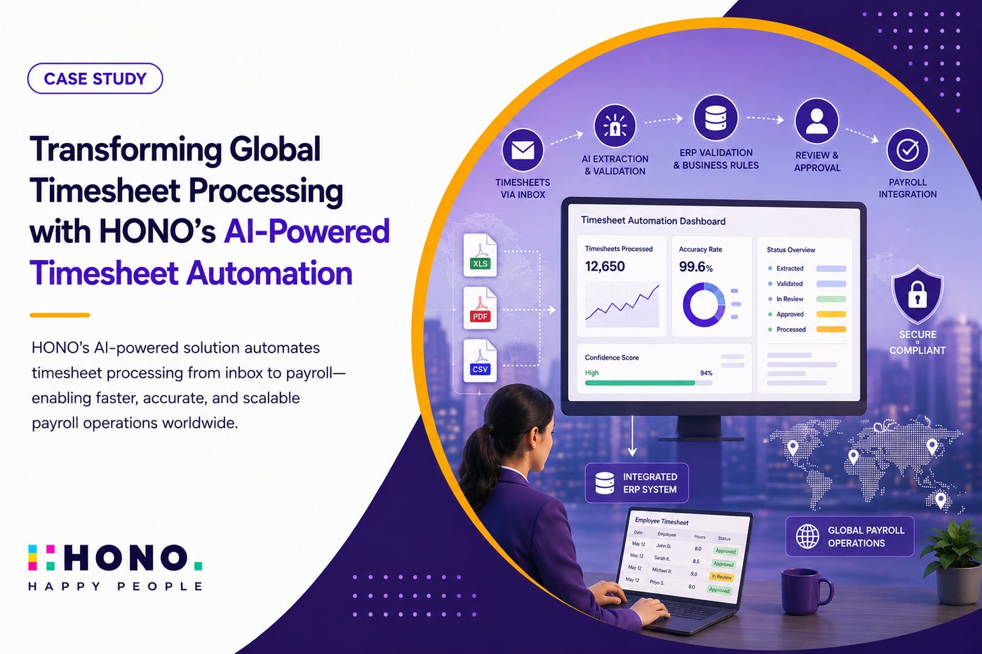 HONO AI-powered timesheet automation streamlining global payroll with AI extraction, ERP validation, approvals, and compliance.