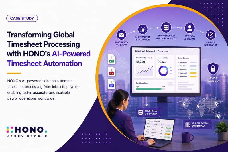 HONO AI-powered timesheet automation streamlining global payroll with AI extraction, ERP validation, approvals, and compliance.