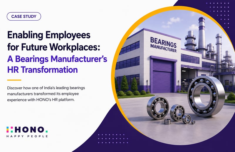 Featured case study illustration of a bearings manufacturer's HR transformation using HONO's mobile-first HR platform to improve employee experience, attendance, and workforce management.