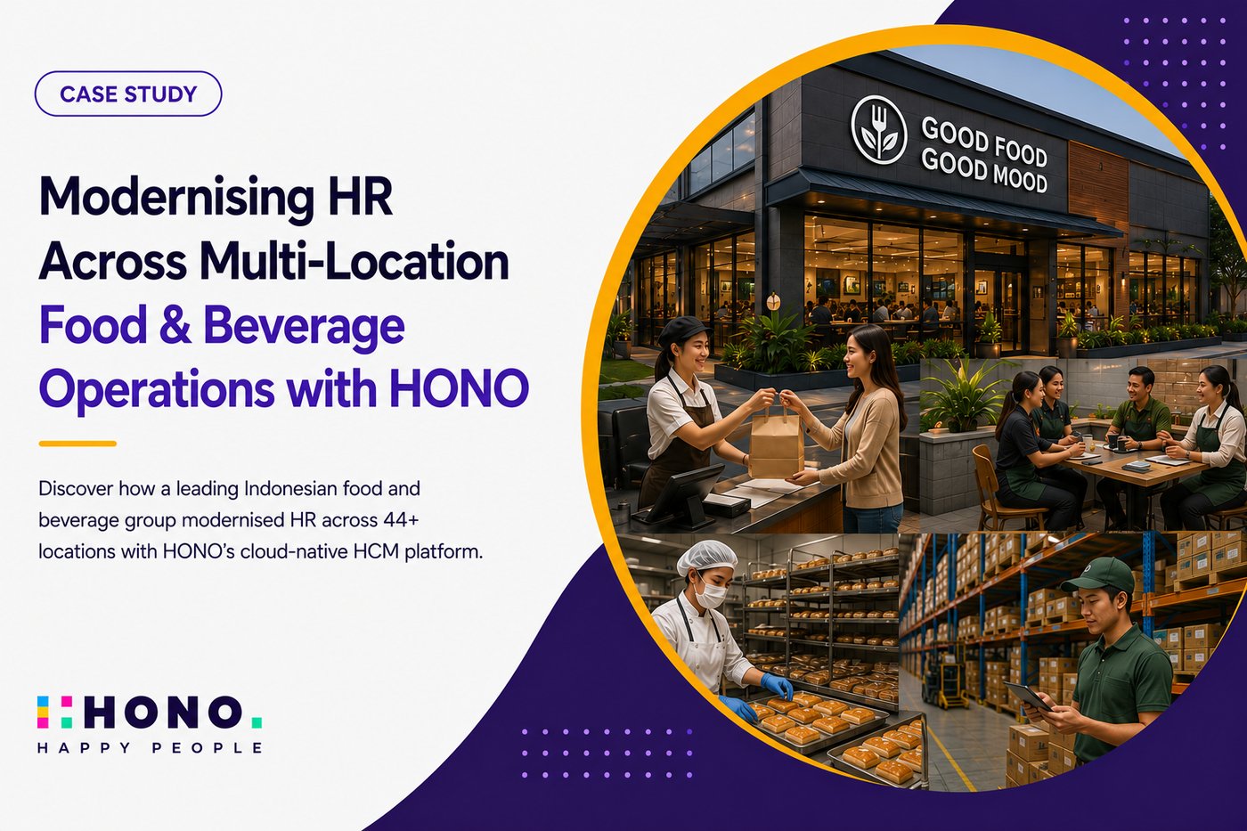 Featured case study illustration of a leading Indonesian food and beverage organisation modernising HR across 44+ locations using HONO's cloud-native HCM platform to unify workforce management and automate HR operations.